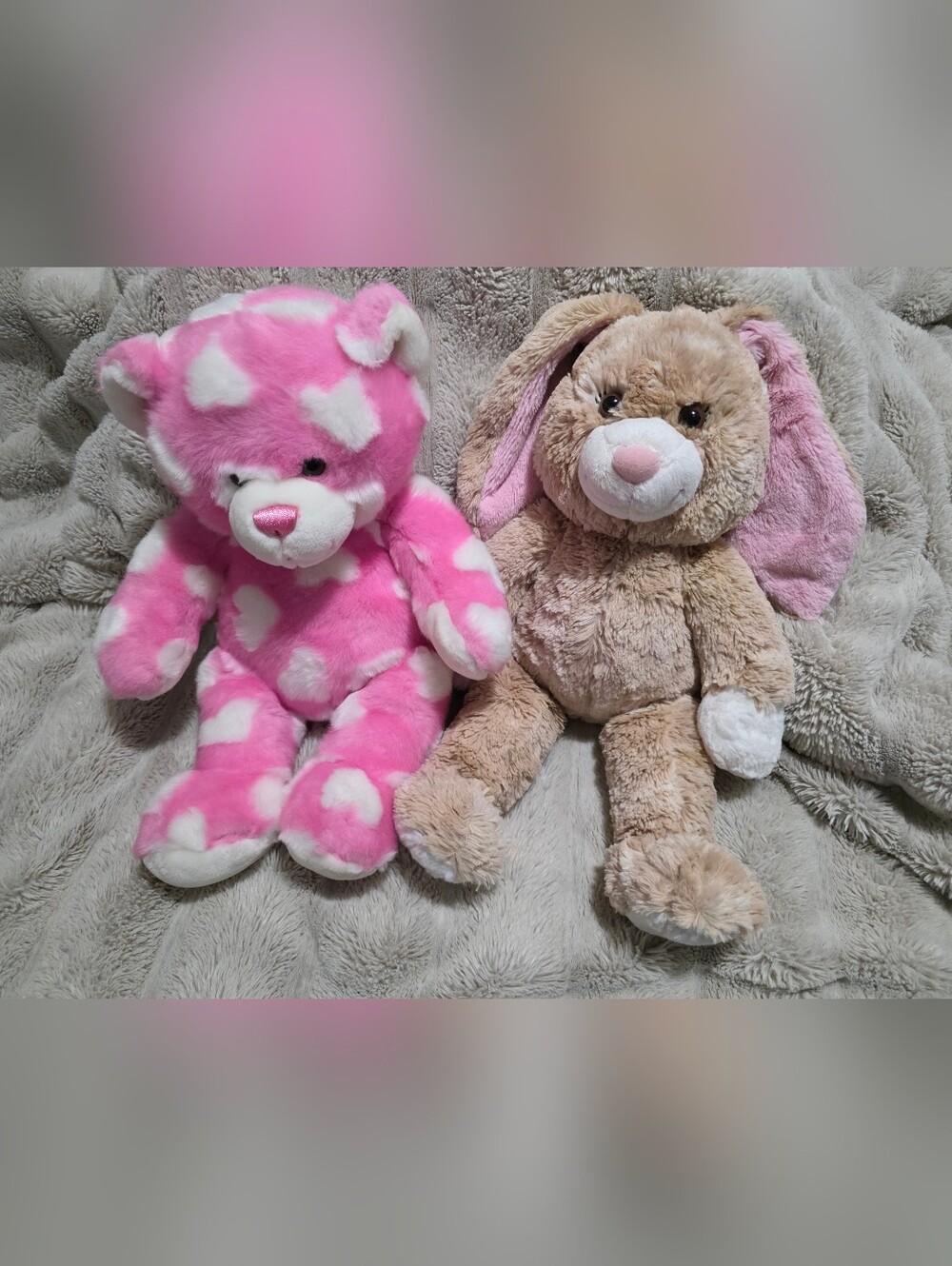 Build-A-Bear Pink Heart Plush Bear & Tan Bunny with Pink Ears